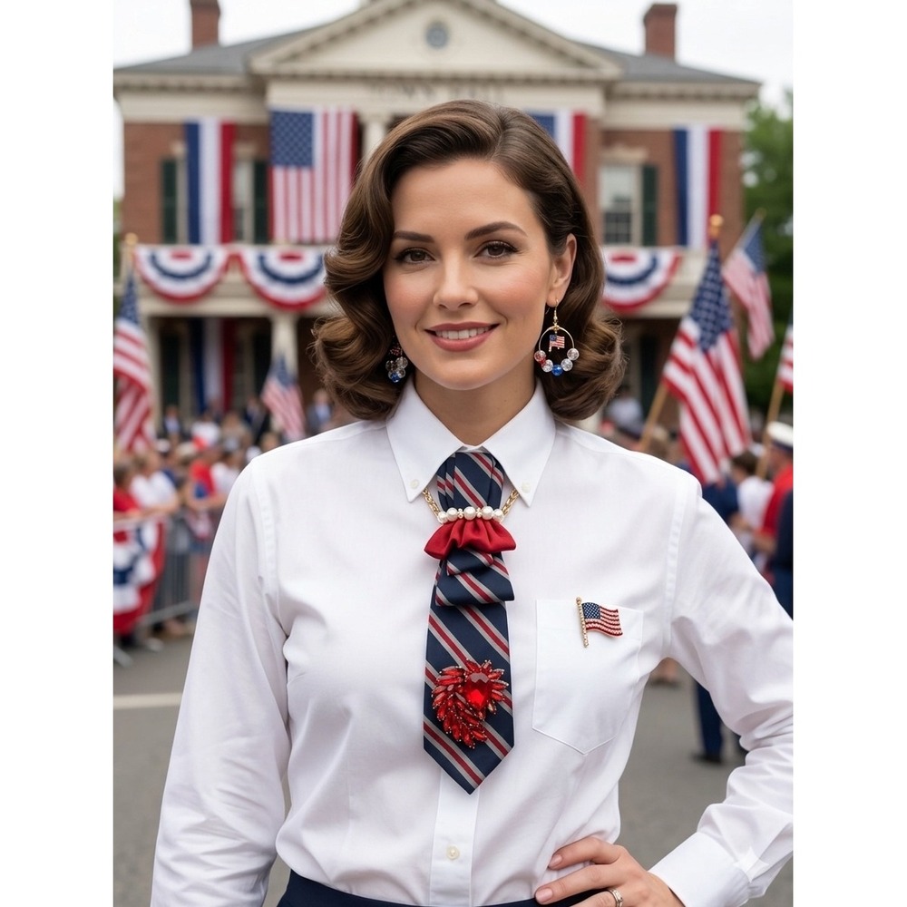 Tommy Hilfiger Repurposed Tie Necklace & Americana Hoop Earring Set Patriotic